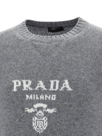 Shop Prada Intarsia Logo Knit Crew In Grey