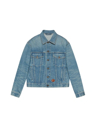 Shop Gucci X Disney Donald Duck Print Denim Jacket In Blue