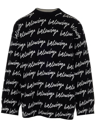 Shop Balenciaga Allover Signature Knit Jumper In Black