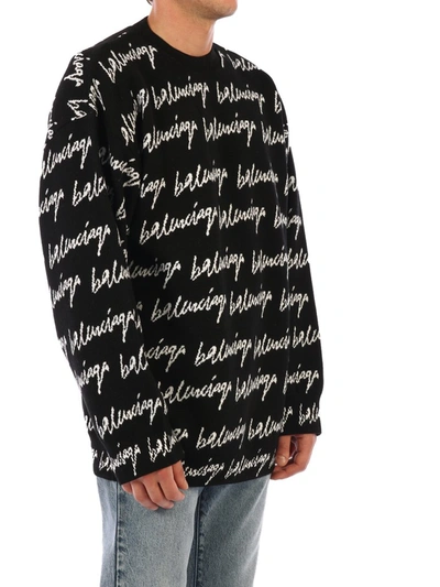 Balenciaga Scribble Logo Jacquard Wool Blend Sweater In Black | ModeSens