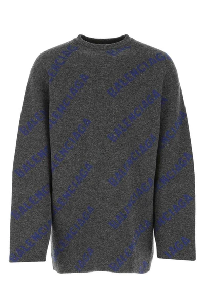 Shop Balenciaga Allover Logo Intarsia Knitted Sweater In Grey