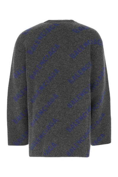 Shop Balenciaga Allover Logo Intarsia Knitted Sweater In Grey