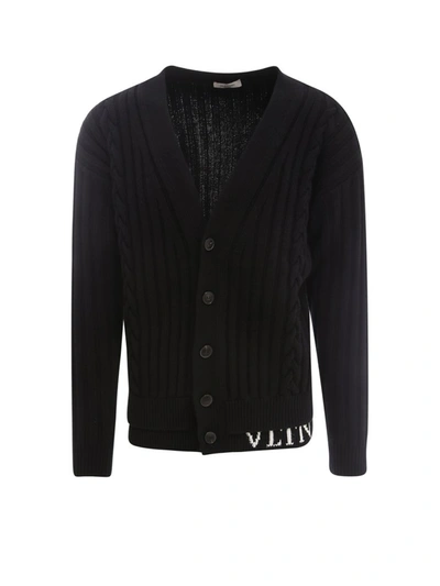 Shop Valentino Vltn Intarsia Rib Knit Cardigan In Black