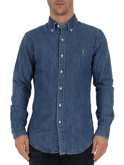 Shop Polo Ralph Lauren Logo Embroidered Denim Shirt In Blue