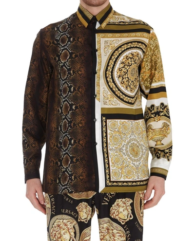 Versace Men's Barocco-python Patchwork Silk Sport Shirt In Black 