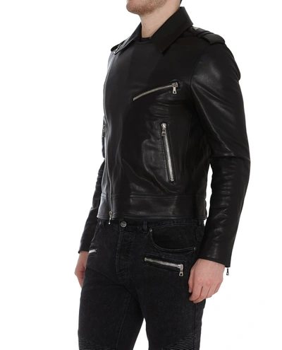 Shop Balmain Leather Biker Jacket In Black