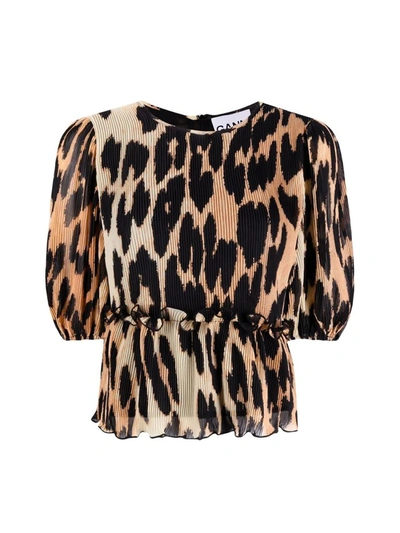 Shop Ganni Leopard Print Pleated Georgette Blouse In Multi