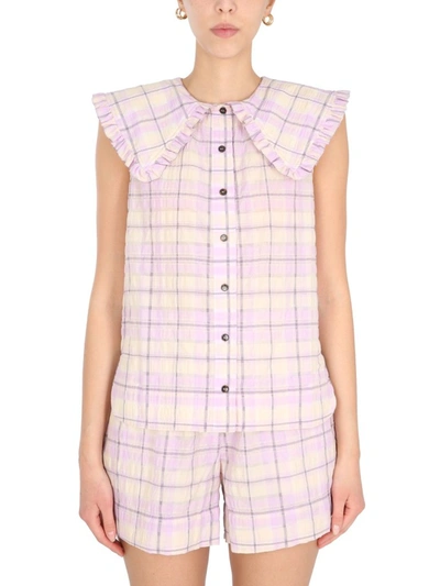 Shop Ganni Seersucker Checked Print Sleeveless Shirt In Multi