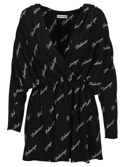 Shop Balenciaga Allover Logo Mini Dress In Black