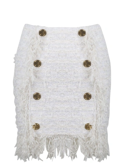 Shop Balmain Button Embellished Tweed Skirt In White