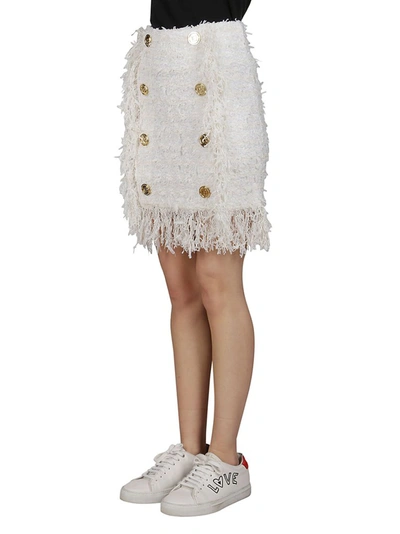 Shop Balmain Button Embellished Tweed Skirt In White