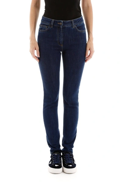 Shop Moschino Teddy Embroidered Skinny Jeans In Blue