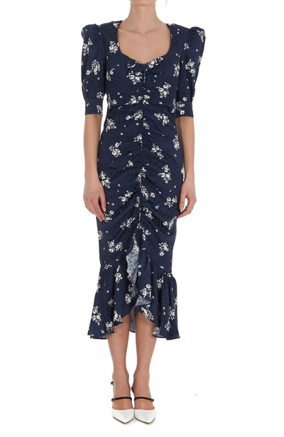 Shop Alessandra Rich Floral Print Ruched Midi Dress In Blue