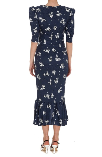 Shop Alessandra Rich Floral Print Ruched Midi Dress In Blue