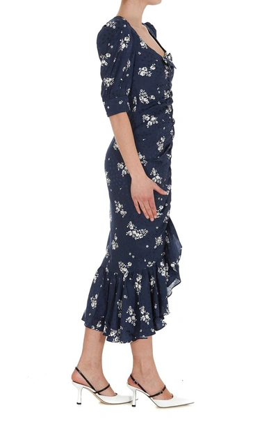 Shop Alessandra Rich Floral Print Ruched Midi Dress In Blue