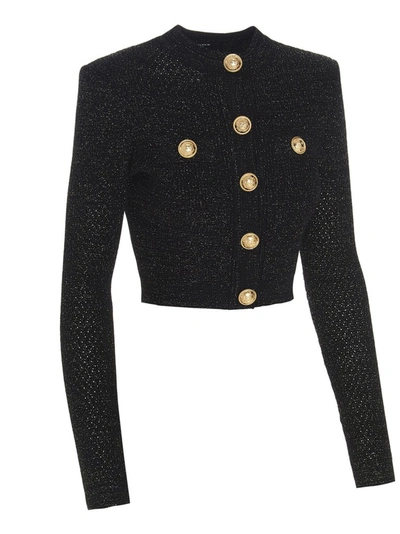 Shop Balmain Ribbed Knit Cardigan In Black