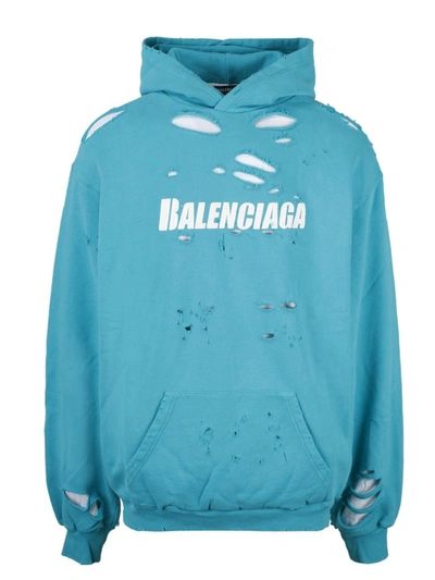 Shop Balenciaga Caps Destroyed Hoodie In Blue
