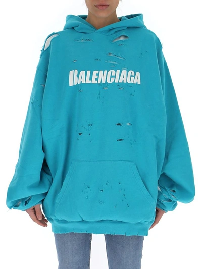 Shop Balenciaga Caps Destroyed Hoodie In Blue