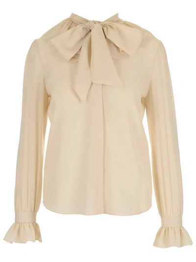 Shop Saint Laurent Ruffle Detail Pussybow Blouse In White