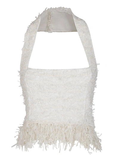 Shop Balmain Fringed Tweed Halterneck Top In White