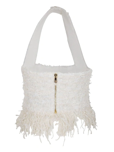 Shop Balmain Fringed Tweed Halterneck Top In White