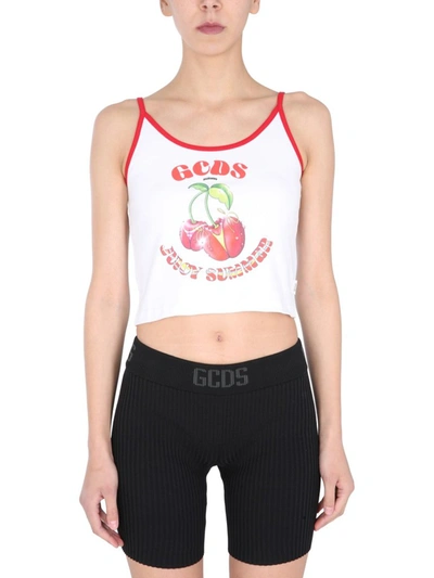 Shop Gcds Fruit Print Cropped Cami Top In White