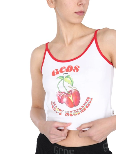 Shop Gcds Fruit Print Cropped Cami Top In White