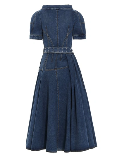 Shop Alexander Mcqueen Belted Denim Shirt Dress In Blue