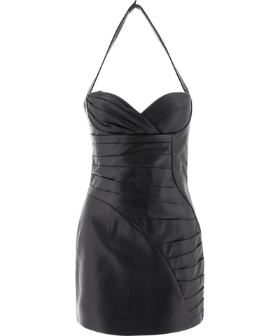 Shop Balmain Gathered Leather Halterneck Dress In Black