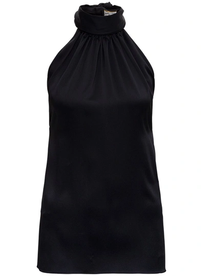 Shop Saint Laurent Pussybow Sleeveless Blouse In Black