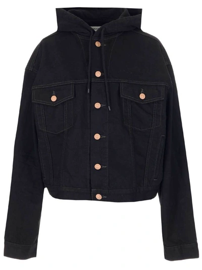 Shop Balenciaga Hooded Denim Jacket In Black