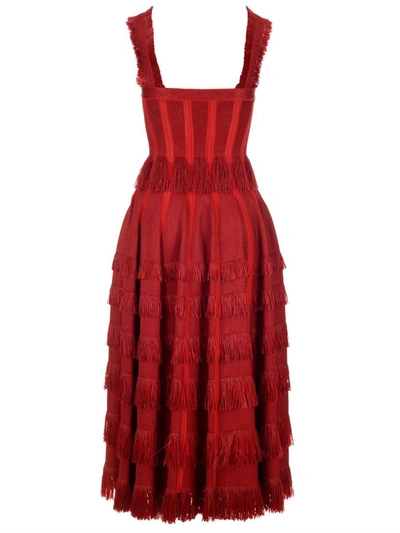 Shop Alaïa Knit Fringed Midi Dress In Red