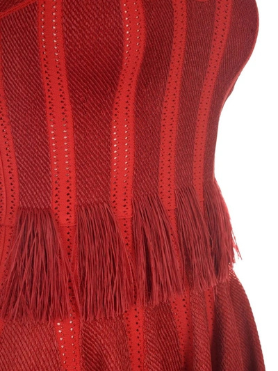 Shop Alaïa Knit Fringed Midi Dress In Red