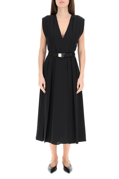 Shop Prada Belted Midi Dress In Black