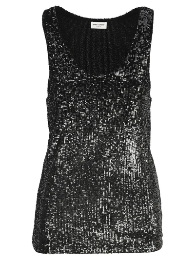 Shop Saint Laurent Sequins Sleeveless Top In Black