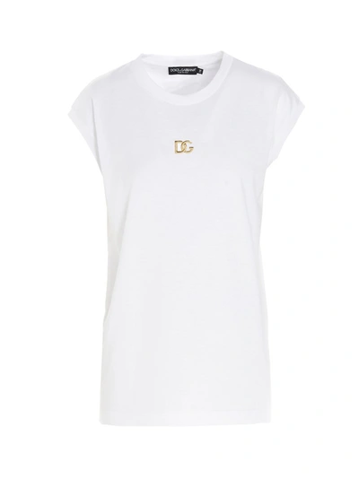 Shop Dolce & Gabbana Logo Plaque Cap Sleeve Top In White