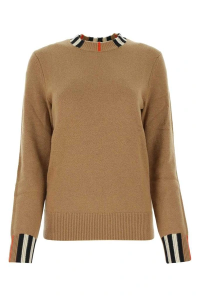 Shop Burberry Icon Stripe Trim Knit Sweater In Beige