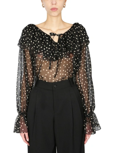 Saint Laurent Sheer Polka Dot Blouse in Black