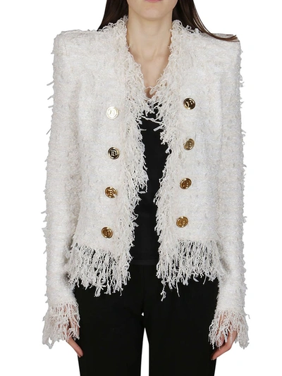 Balmain White Tweed Jacket With Fringe And Gold-tone Double-breasted  Closure In 0ka Natural | ModeSens