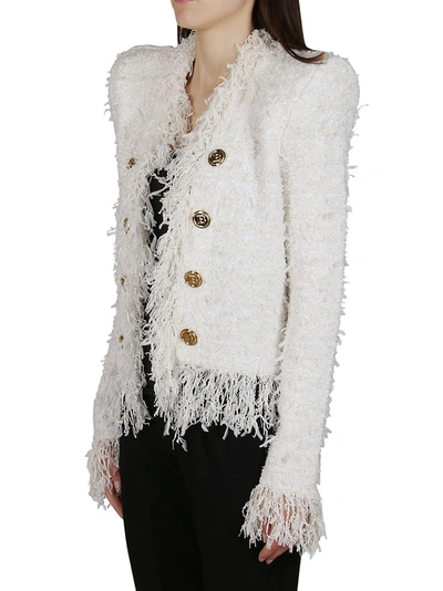 Shop Balmain Tweed Fringed Jacket In White