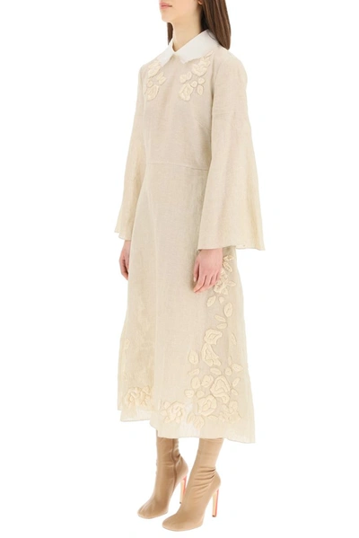 Shop Fendi Floral Embroidered Midi Dress In Beige