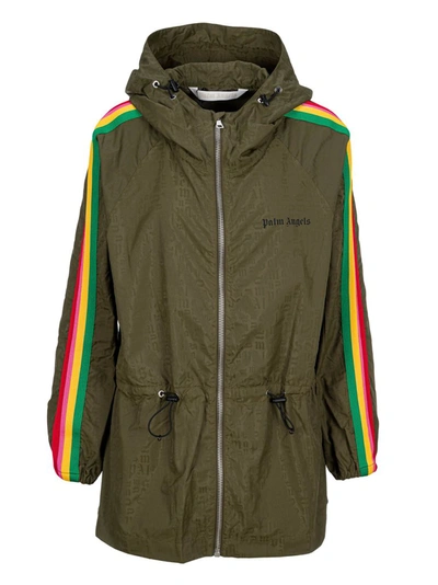 Shop Palm Angels Logo Print Striped Windbreaker Jacket In Green