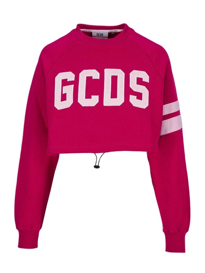 Shop Gcds Logo Embroidered Drawstring Cropped Sweatershirt In Pink