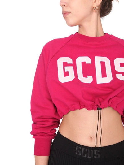 Shop Gcds Logo Embroidered Drawstring Cropped Sweatershirt In Pink