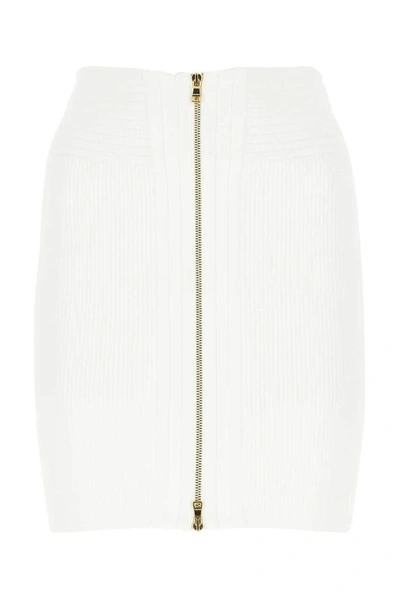 Shop Balmain Zipped Knitted Mini Skirt In White