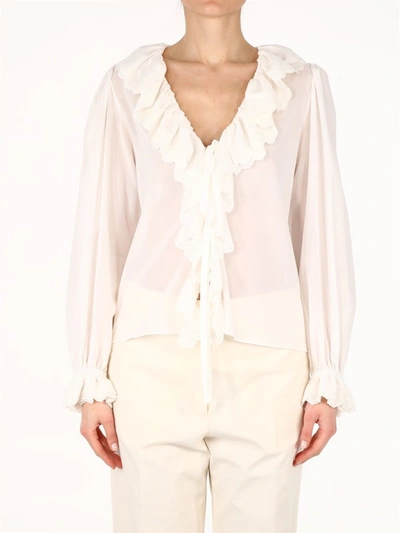 Shop Saint Laurent Broderie Anglaise Frilled Tie Blouse In White