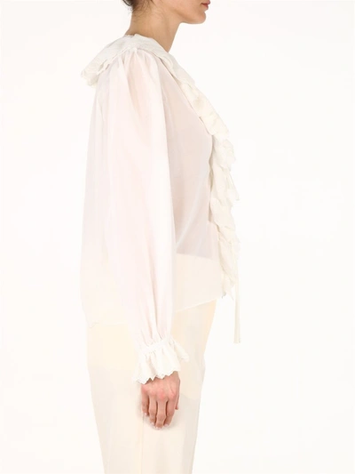 Shop Saint Laurent Broderie Anglaise Frilled Tie Blouse In White