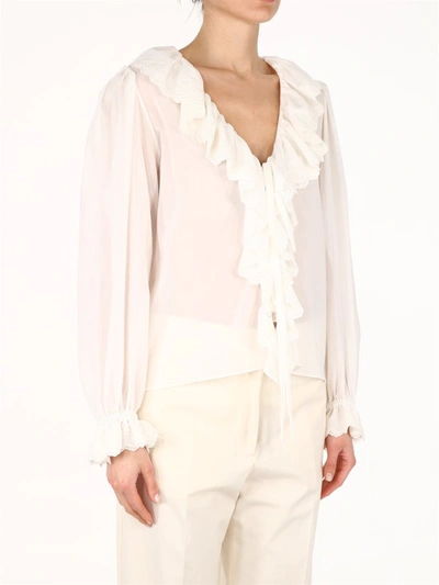 Shop Saint Laurent Broderie Anglaise Frilled Tie Blouse In White