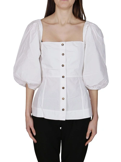 Shop Ganni Puff Sleeve Square Neck Top In White