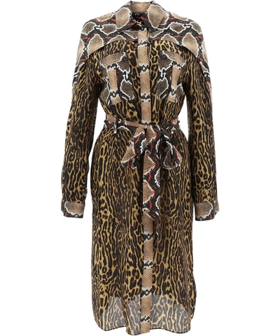 Shop Burberry Animal Printed Patchwork Shirt Dress In Brown